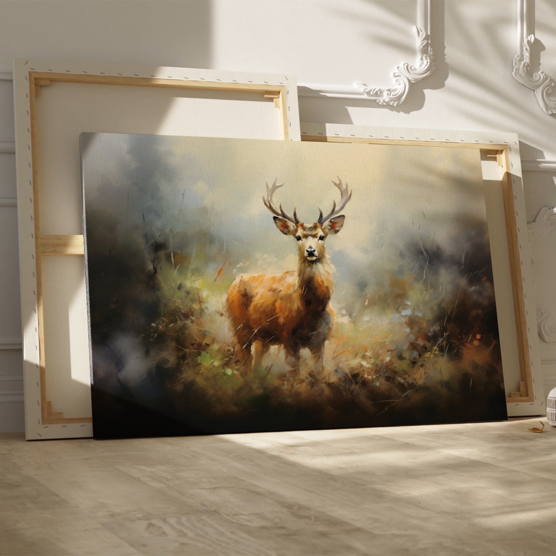 Framed canvas print of an impressionist painting of a stag in a misty autumn forest