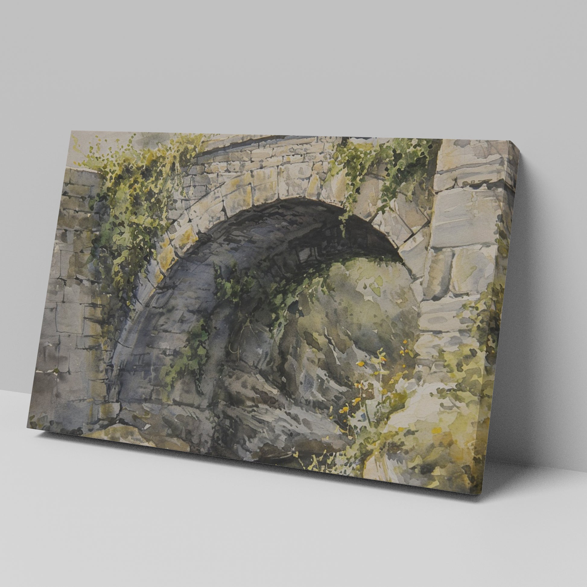 Framed canvas print of a rustic stone bridge with ivy in watercolour style