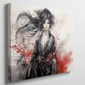 Framed canvas print of an ethereal geisha in ink and watercolour with red splashes