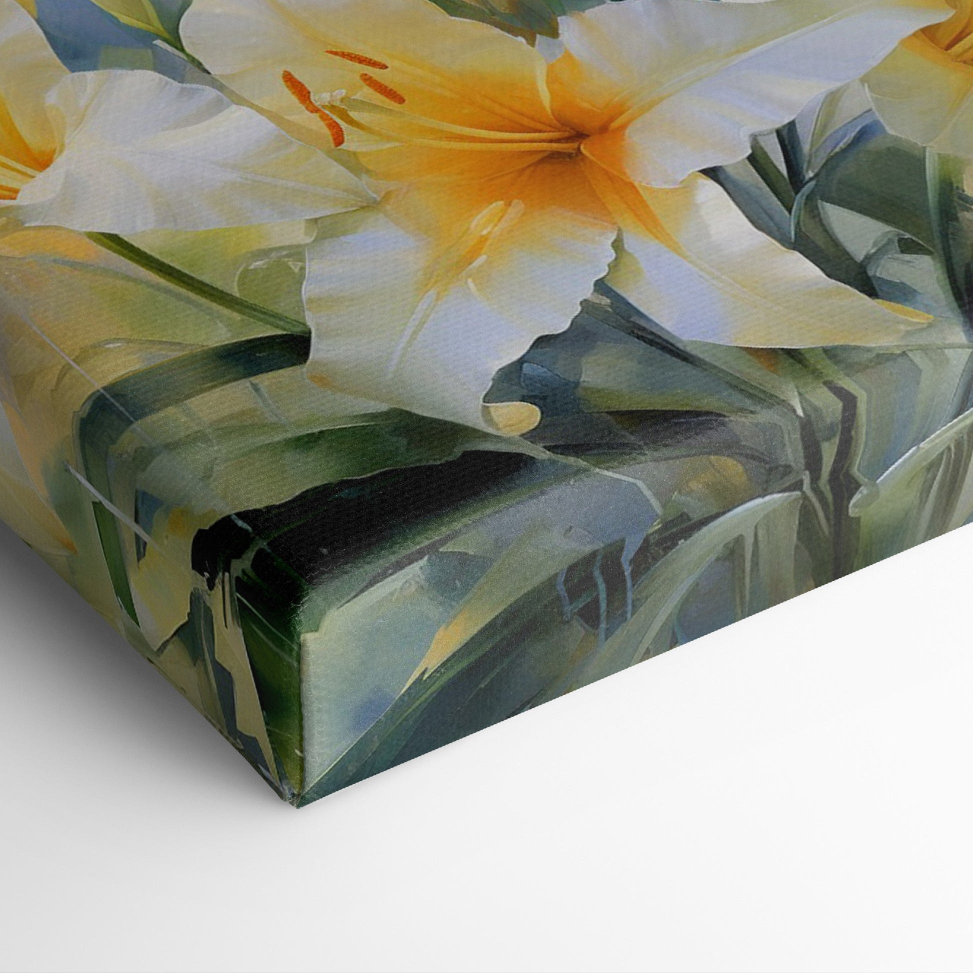 Framed canvas print of impressionist style lilies in vibrant cream and yellow hues