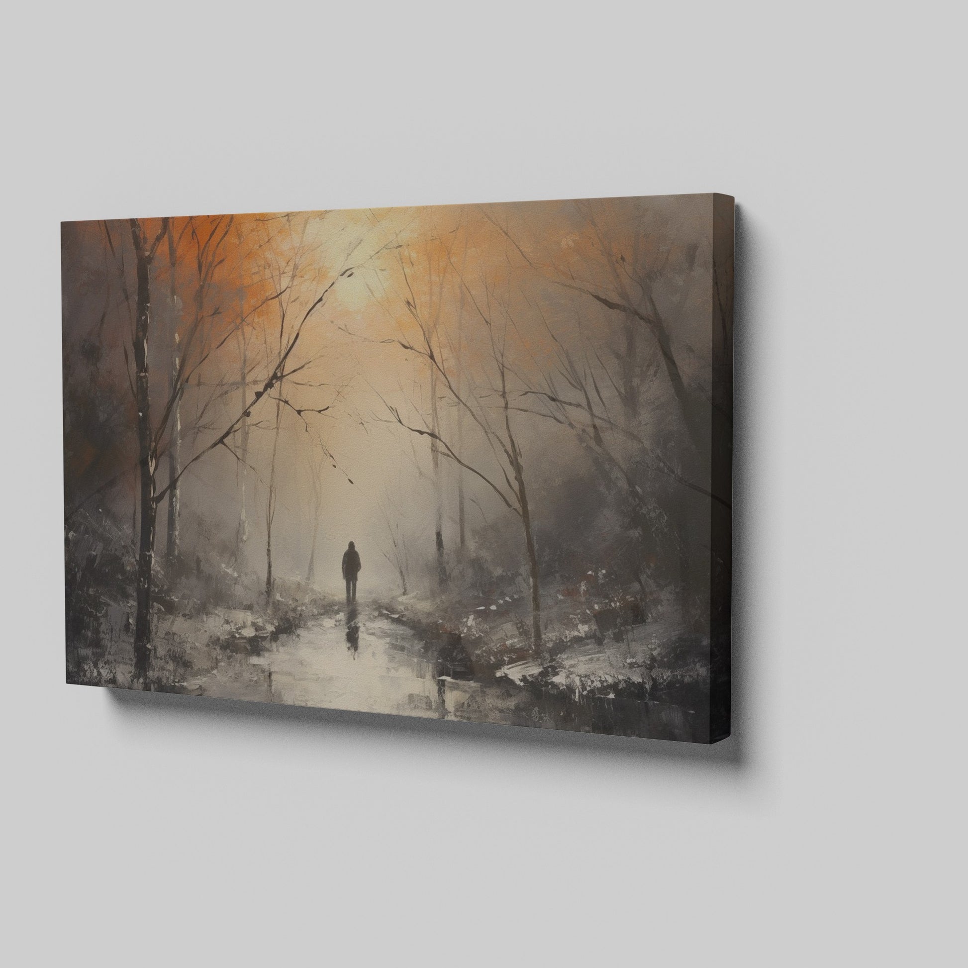 Framed canvas print of a solitary figure walking through a misty, autumnal forest with warm, glowing light