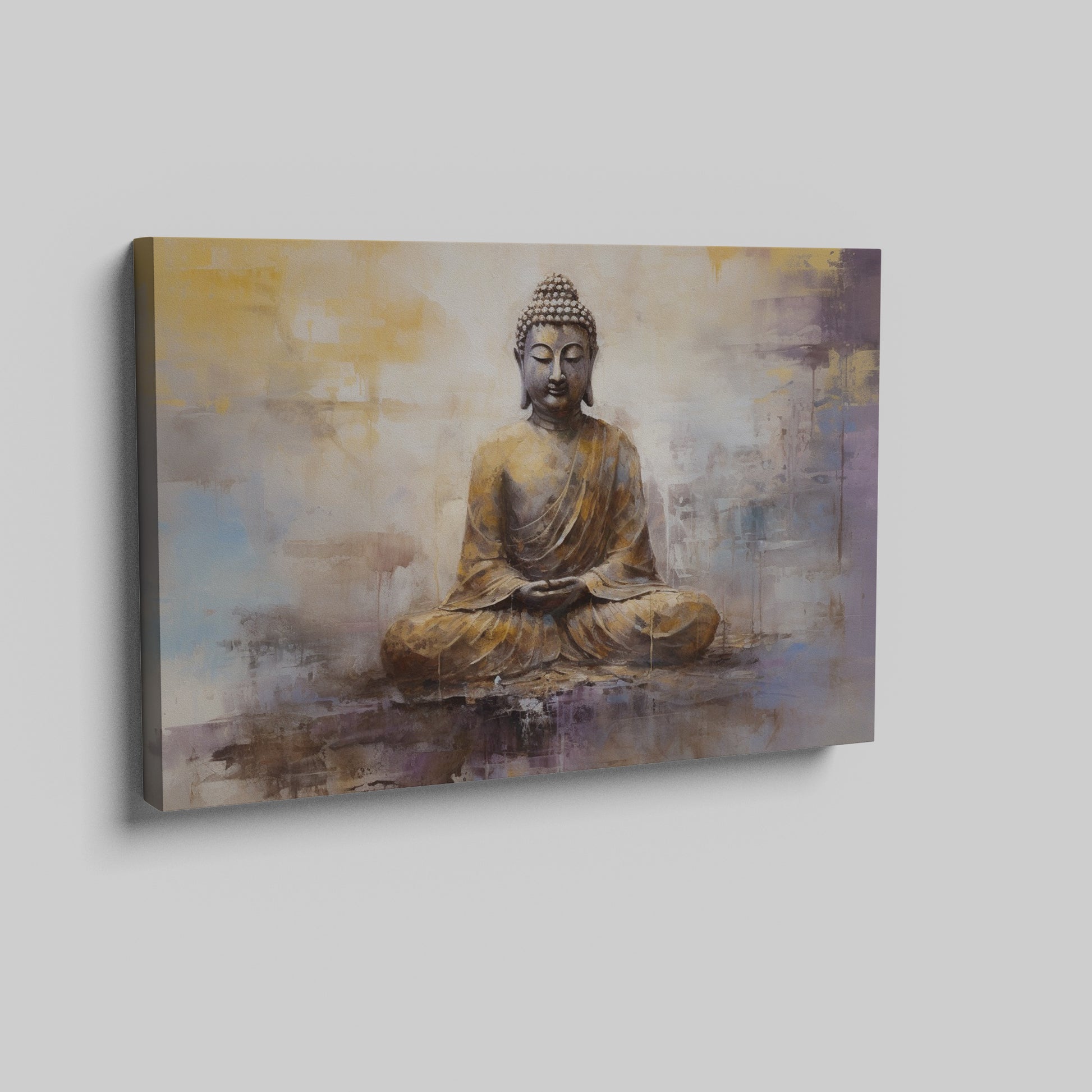 Framed canvas print of a golden Buddha in meditative pose with abstract background