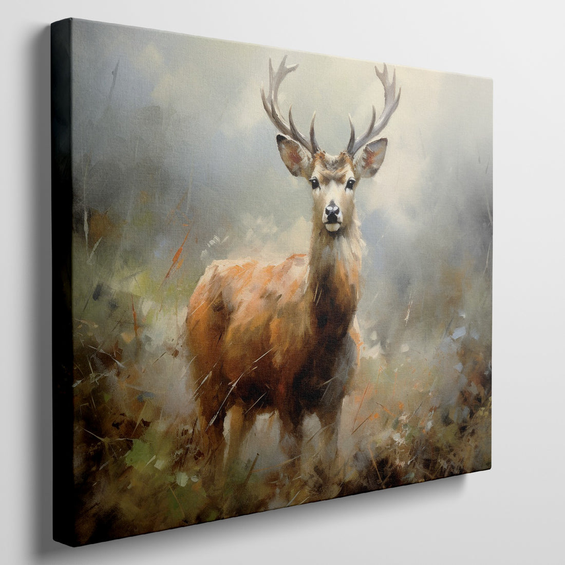 Impressionistic canvas art of a stag with prominent antlers in autumnal tones of brown and beige