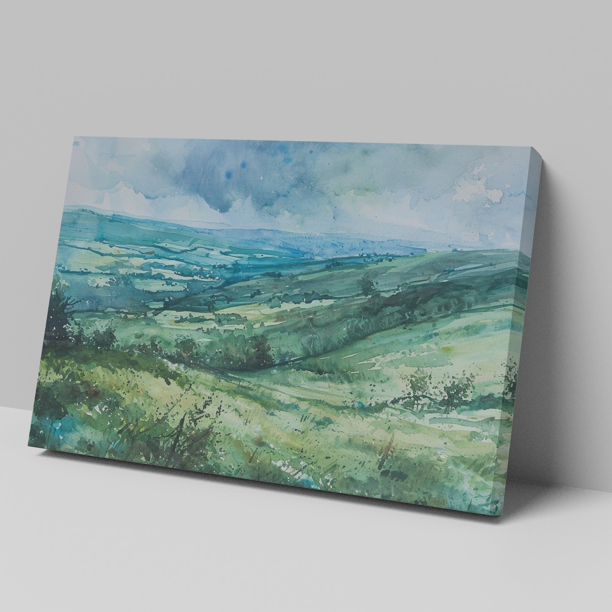 Framed canvas print of a watercolour countryside landscape with green rolling hills and vibrant skies