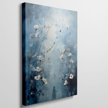 Framed canvas print of ethereal blue abstract painting with white flowers and a woman's silhouette