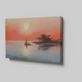 Framed canvas print of a sailboat on calm waters with sunrise and warm hues