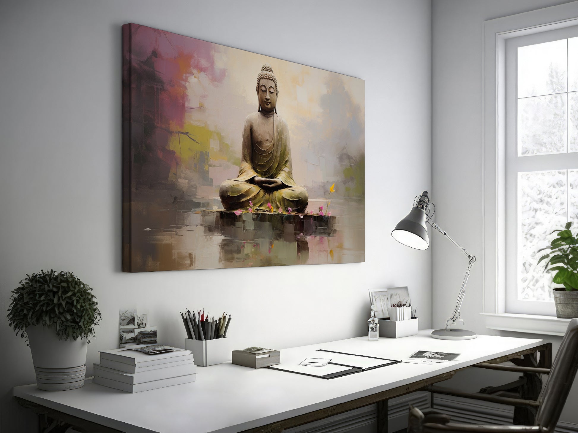 Framed canvas print of a serene Buddha in meditation, with vibrant, reflective water elements and a soft, modern background.