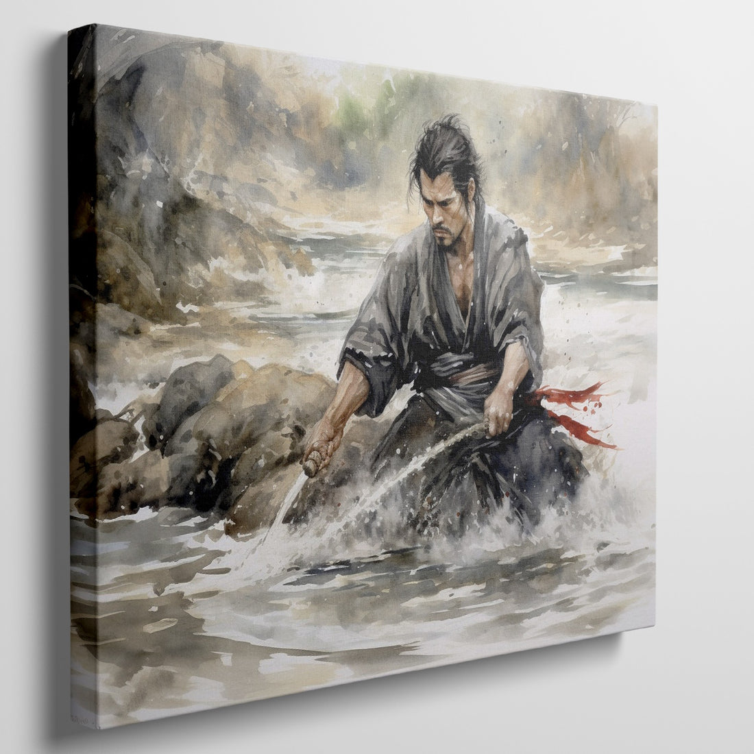 Framed canvas print of a Japanese Samurai warrior in battle stance with a katana sword, depicted in watercolour style