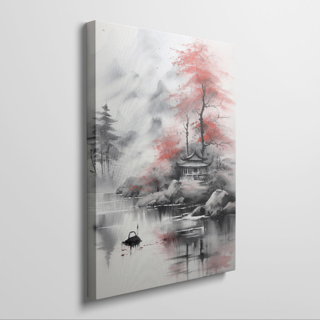 Framed canvas print of traditional Oriental landscape with misty mountains, a serene lake, and red foliage