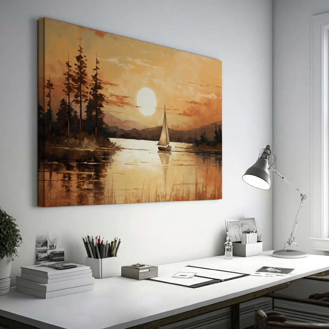 Impressionistic canvas artwork of a sailboat on a calm lake at sunset with orange sky and tree silhouettes