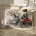 Framed canvas print of a geisha in a traditional black and red attire, set against an Asian-inspired misty mountainous landscape with ink wash and watercolour.