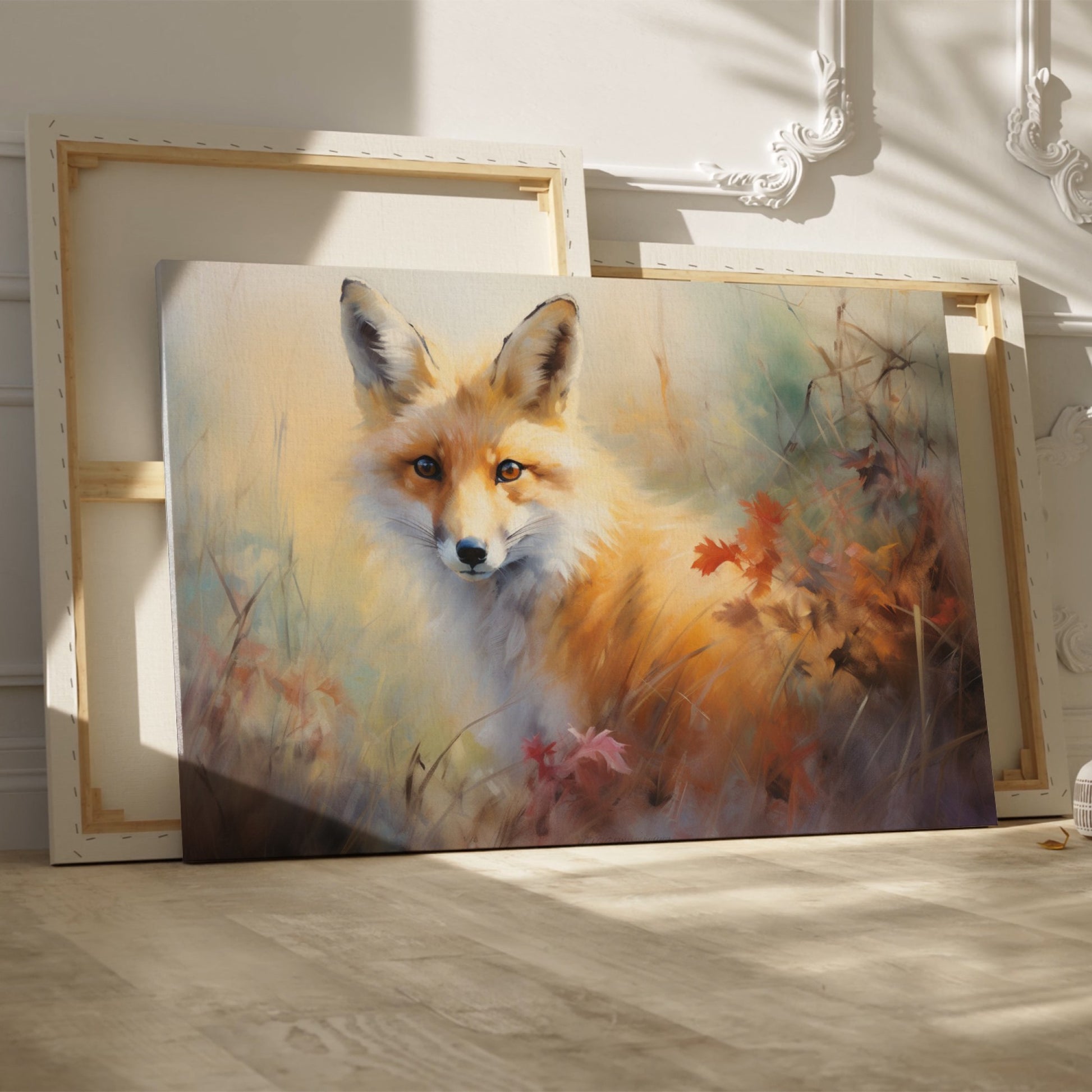 Framed canvas print of an autumn fox in a rustic impressionistic style with warm amber and ochre tones