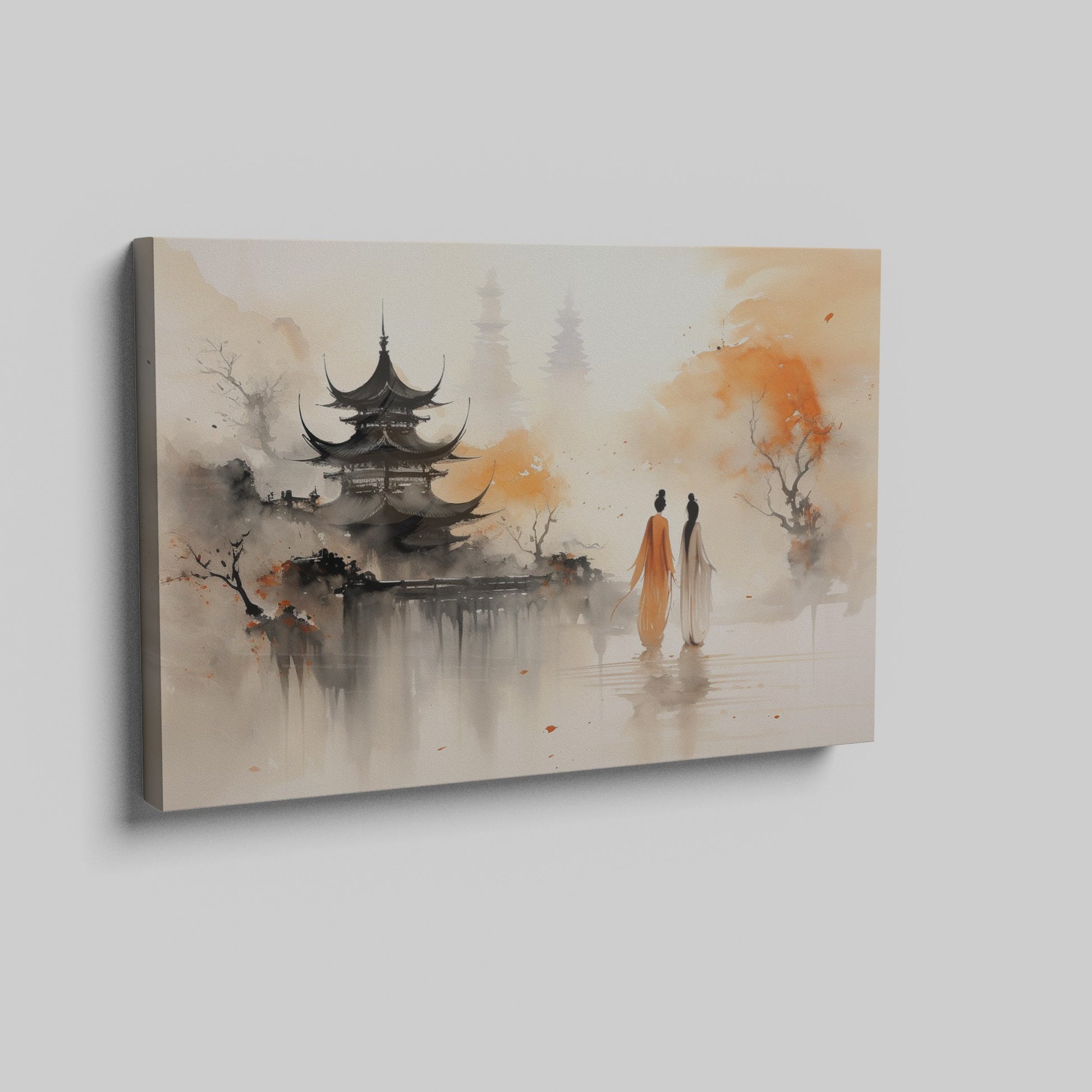 Framed canvas print of Oriental pagoda and autumn reflection with silhouetted figures in mist