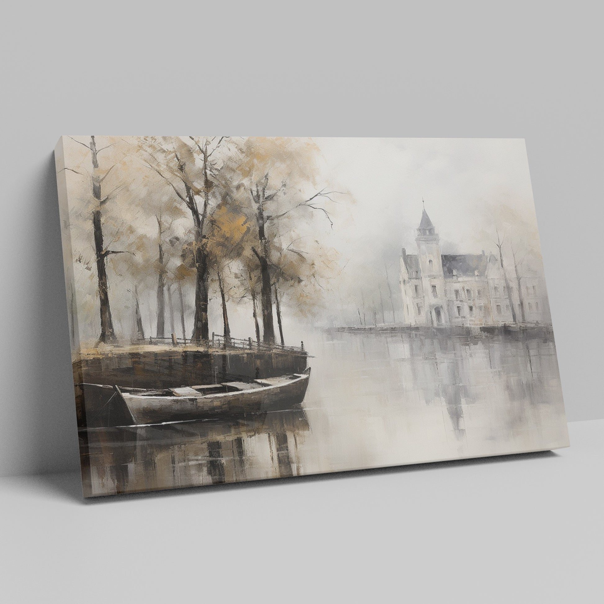 Framed canvas print of a historic chateau reflected on a lake with autumn trees and a rowboat in a misty scene