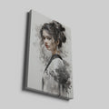 Framed canvas print of an abstract woman portrait in monochrome with dynamic ink splashes