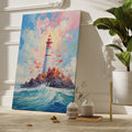 Framed canvas print of an impressionist lighthouse with vivid colours and dynamic sea waves