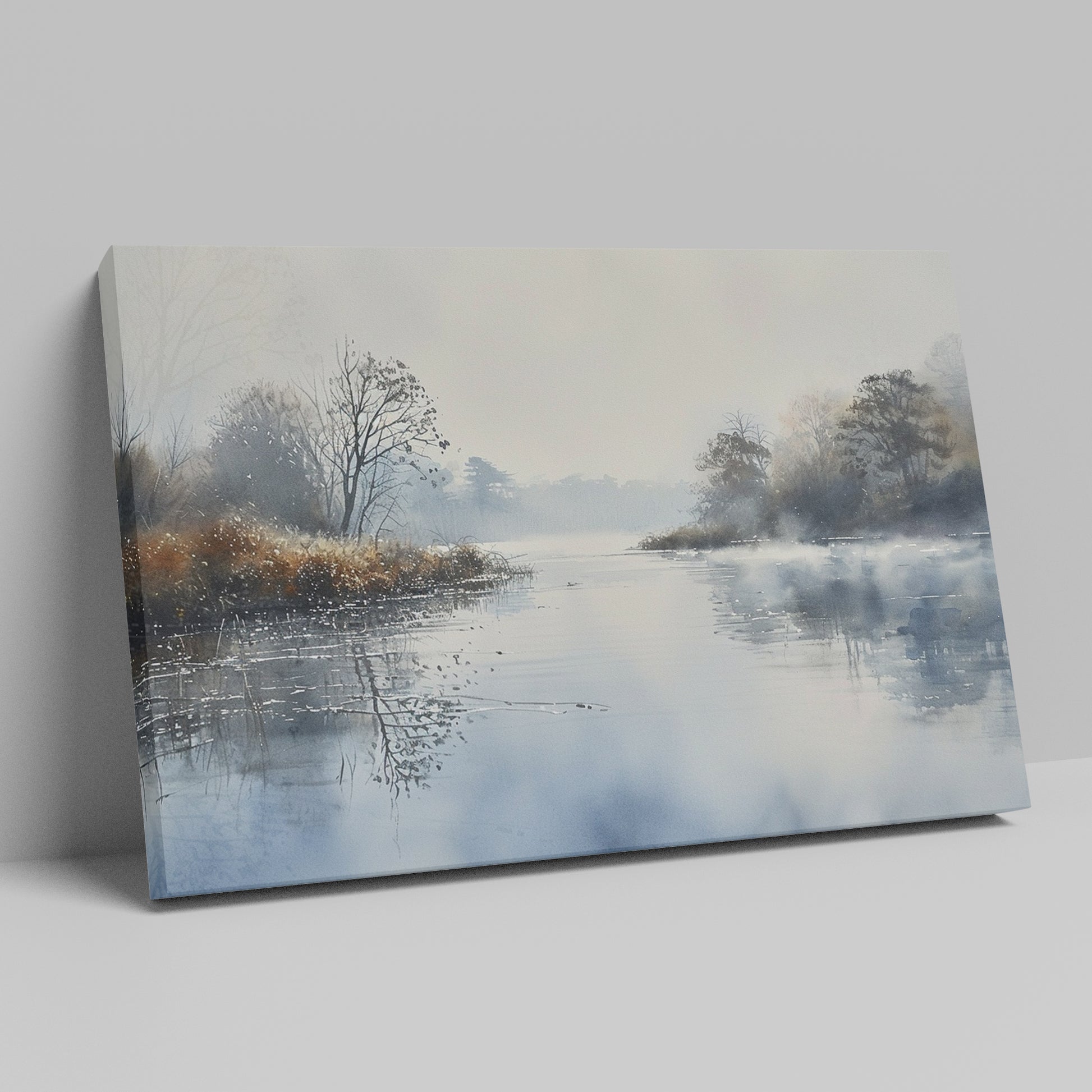 Framed canvas print of a misty river landscape with water reflections in cool tones