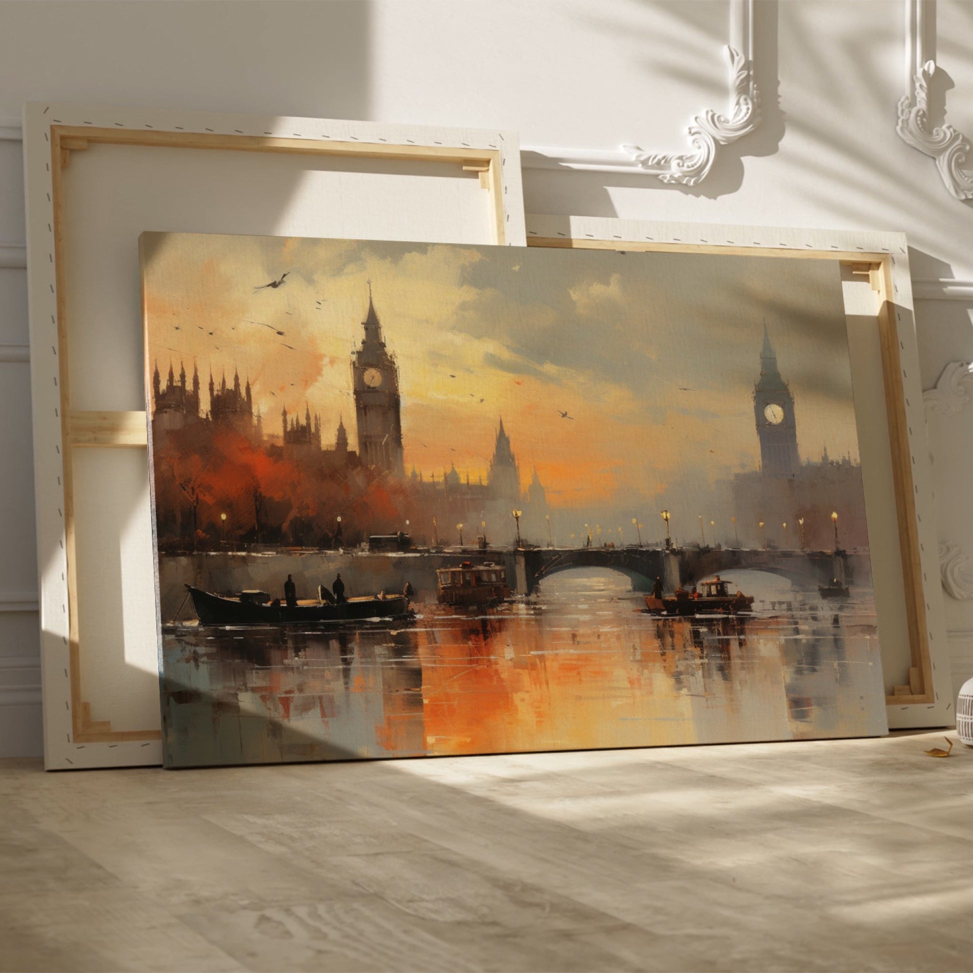 Framed canvas print of London's Big Ben and River Thames during sunset with impressionist style painting