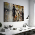 Framed canvas print of a Victorian couple and their dog walking on a rainy Paris street