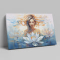 Framed canvas print of an ethereal woman with lotus flowers in serene water