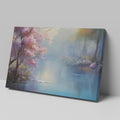 Framed canvas print of a serene landscape with cherry blossoms and a misty lake