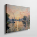 Framed canvas print of an Impressionist-style river scene with a sunset, reflective water and boats