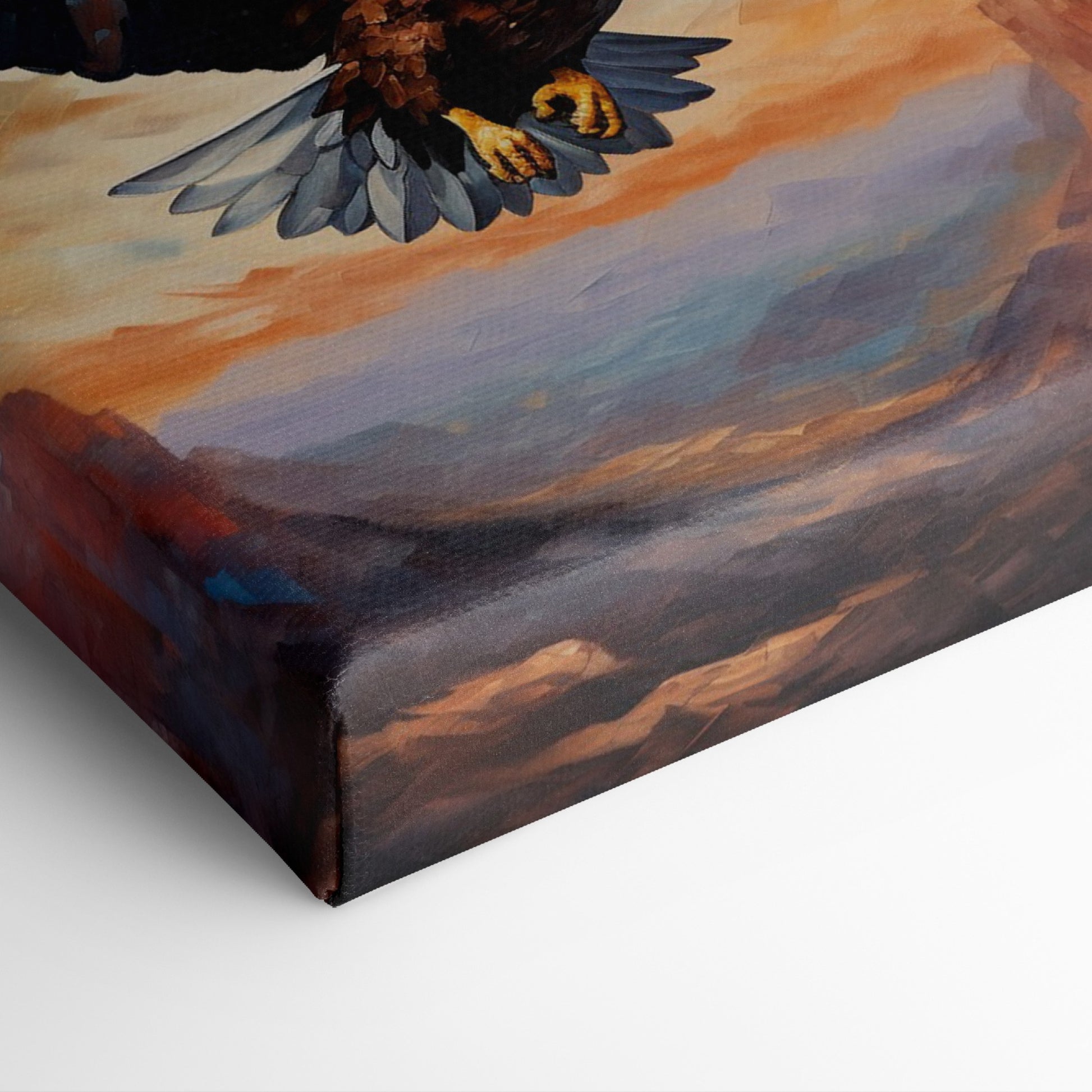 Framed canvas print of a majestic eagle soaring over a canyon at sunset