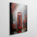 Framed canvas print of a London red telephone box with abstract splatter textures in shades of red, grey, and black