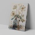 Framed canvas print of watercolor flowers in a glass vase with soft beige and brown tones