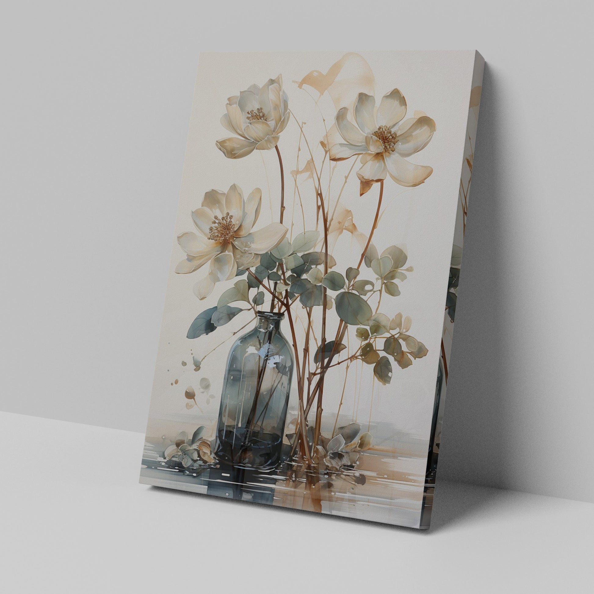 Framed canvas print of watercolor flowers in a glass vase with soft beige and brown tones