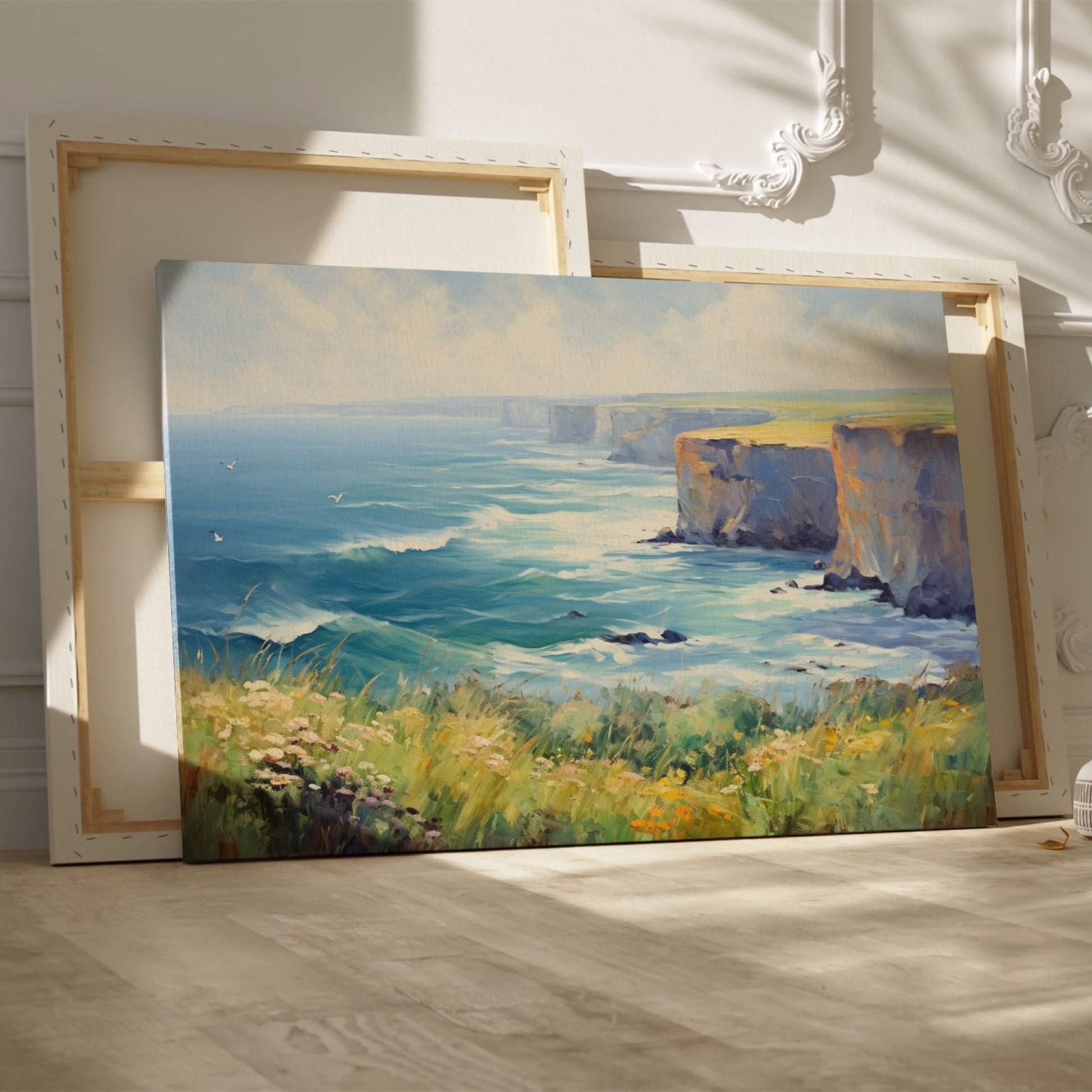 Framed canvas print of an impressionistic seascape with cliffs, wildflowers, and ocean