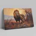 Framed canvas print of a majestic lion in an African savannah sunset