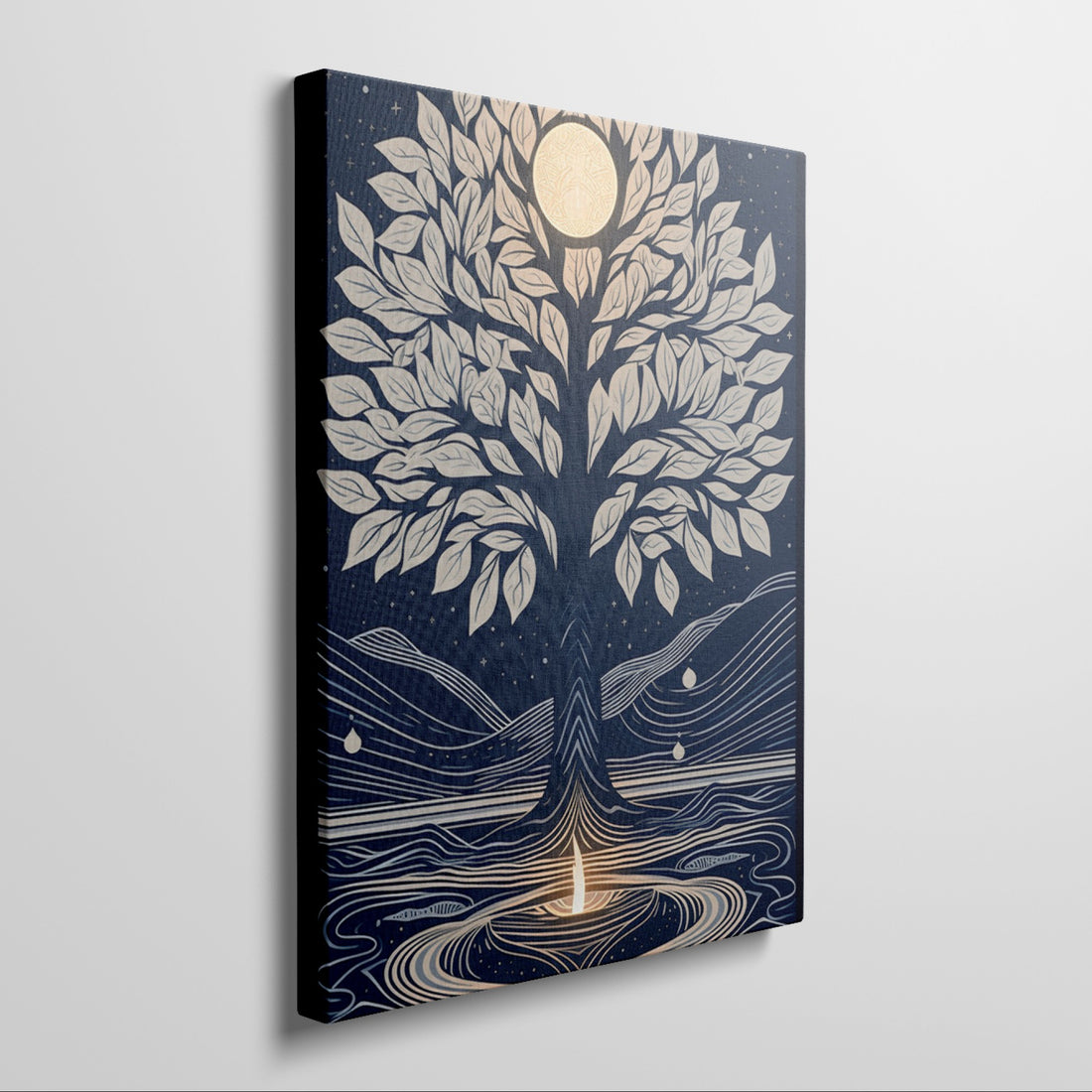 Framed canvas print of a mystical tree with a golden moon and navy background