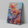 Framed canvas print of stylised vibrant flowers with 3D illustration effect on a cool blue background