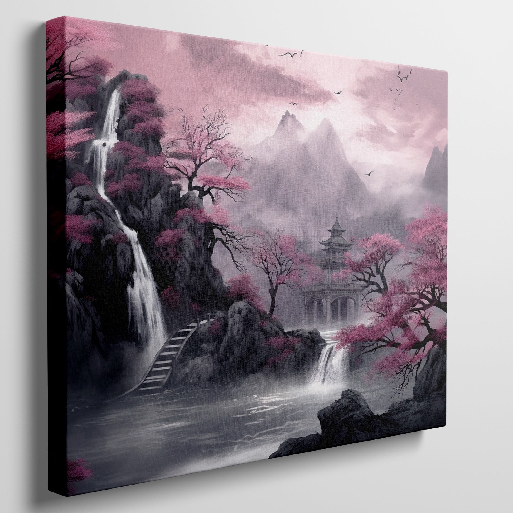 Framed canvas print of a misty oriental landscape with cherry blossoms and pagoda