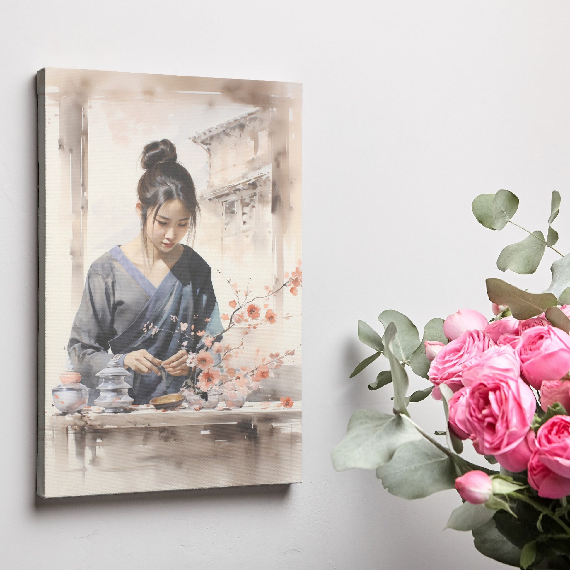 Framed canvas print of an elegant Asian woman with traditional clothing and cherry blossoms