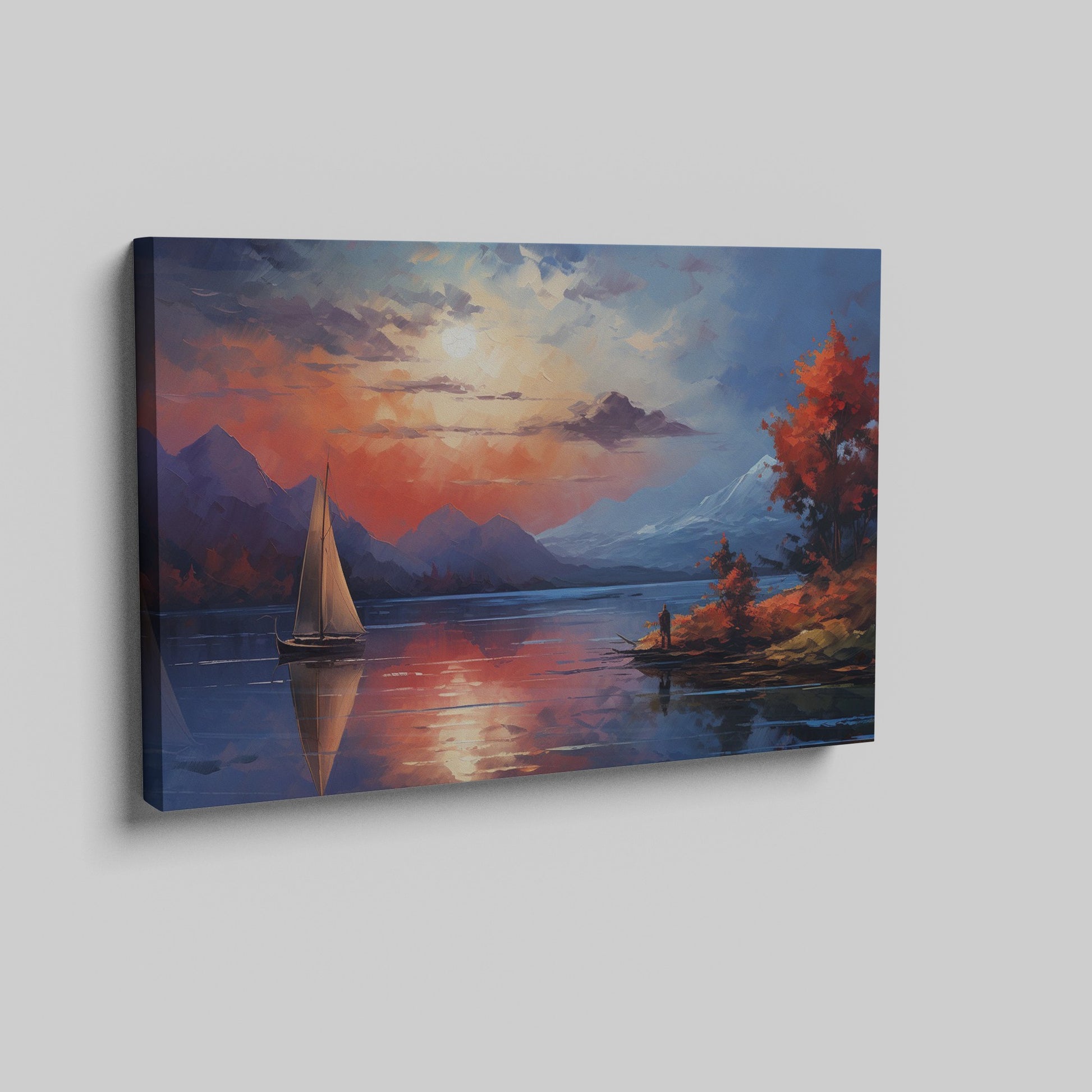 Framed canvas print of an impressionist landscape with a sailboat during sunset, featuring autumnal colours and mountain scenery