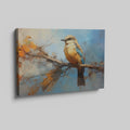 Framed canvas print of a vibrant impressionistic bird perched on a branch with abstract autumn background