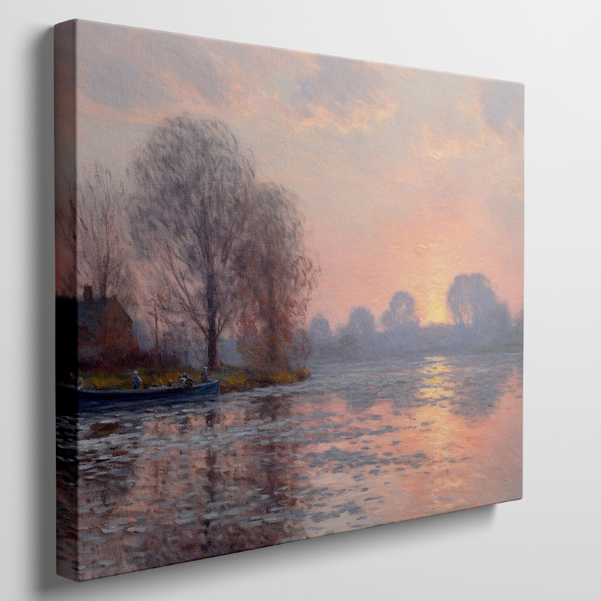 Framed canvas print of an Impressionist-style landscape with a sunset reflecting on a river