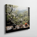 Framed canvas print of a serene Japanese tea garden view with cherry blossoms and mountains