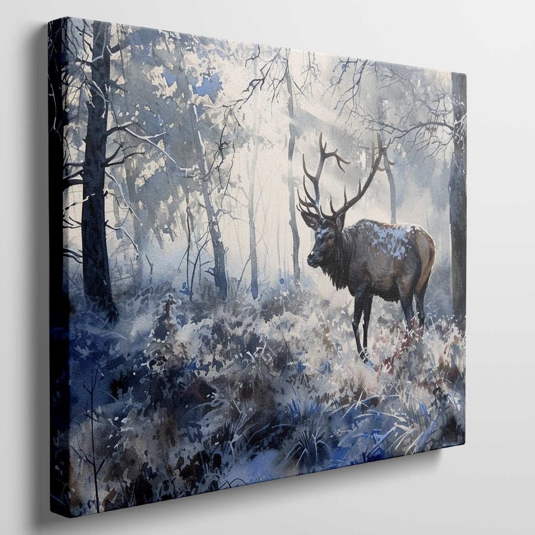 Framed canvas print of a majestic stag in a tranquil blue winter forest