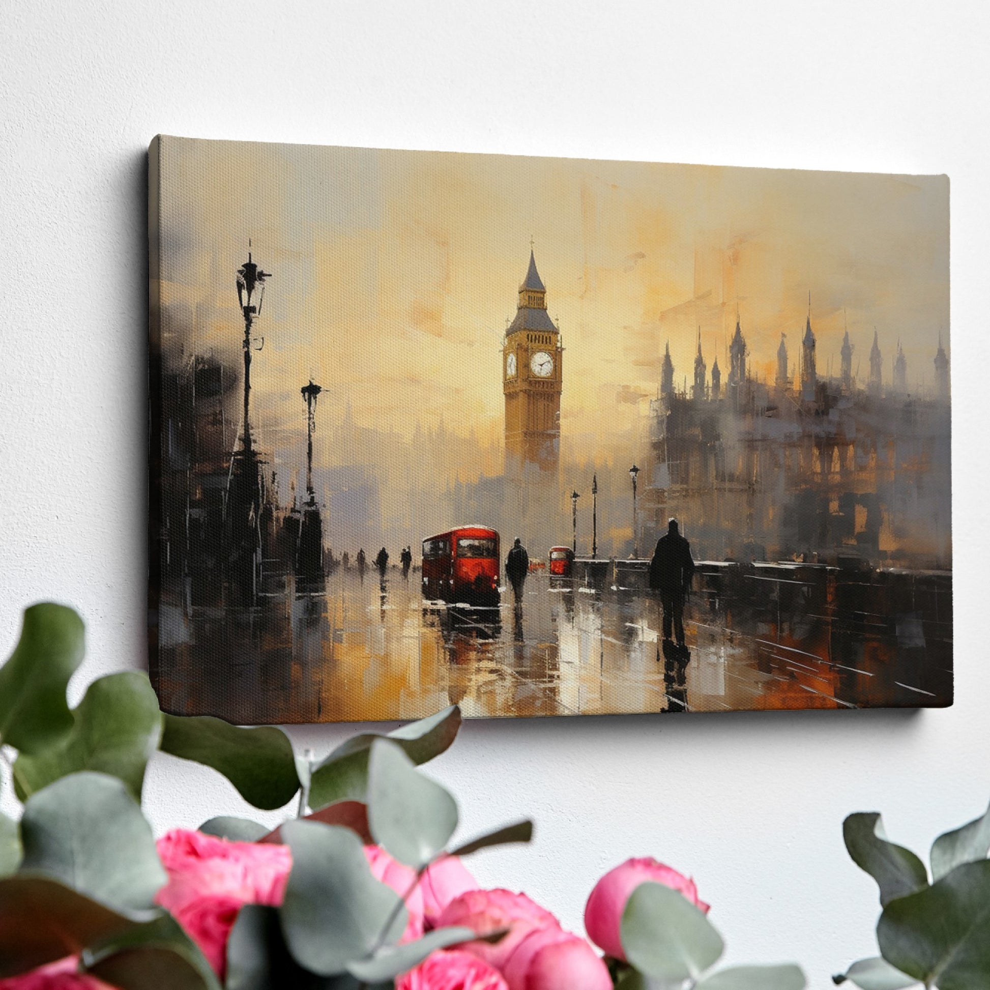 Framed canvas print of London's Big Ben and red buses in an abstract impressionist style with warm golden colours