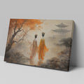 Framed canvas print of oriental scenery with two figures, autumn trees, and a pagoda