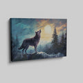 Framed canvas print of a wolf howling at sunset among forest trees