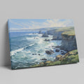 Framed canvas print of a coastal cliffside seascape with ocean waves and sunny skies