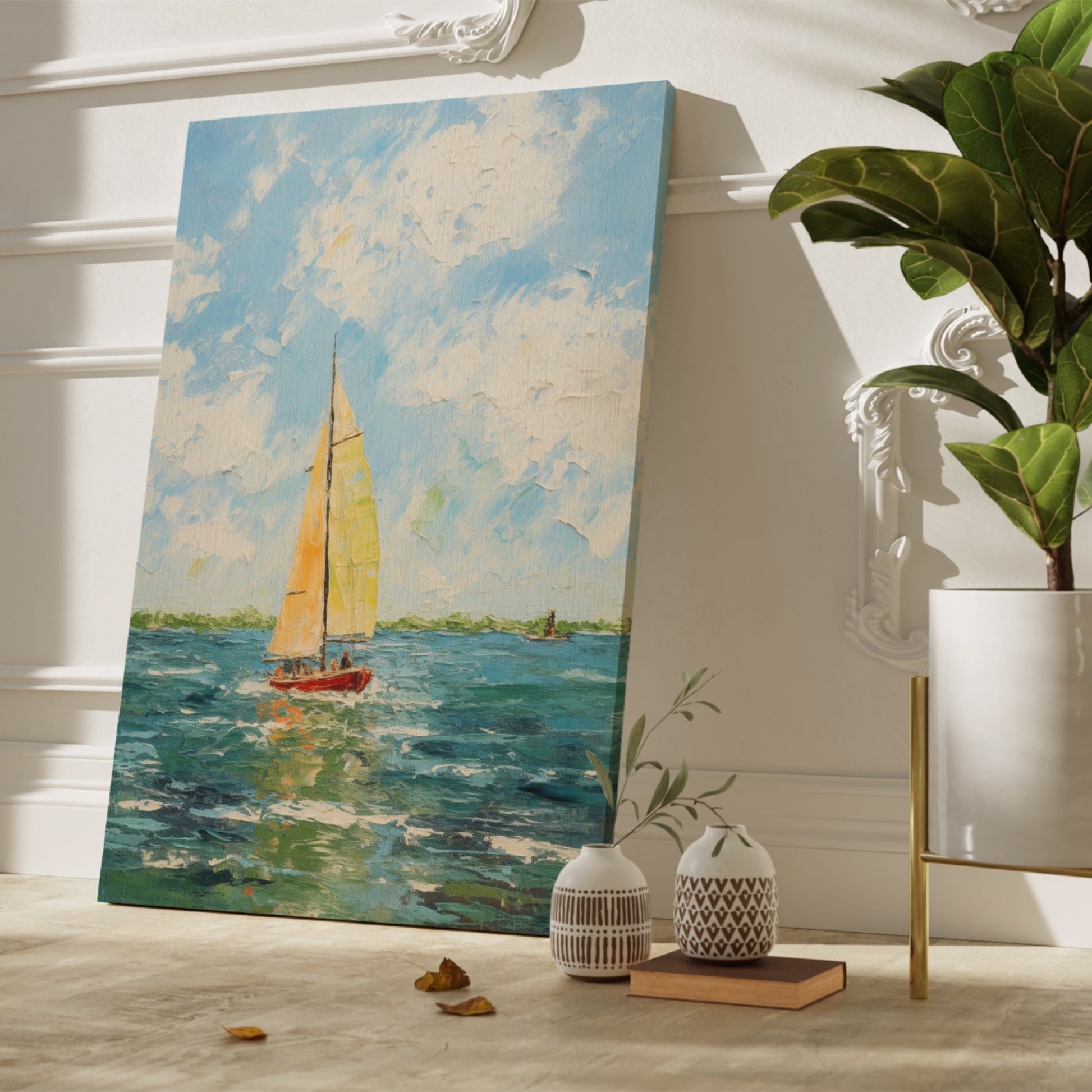 Framed canvas print of a textured impasto style painting featuring a sailboat with golden sails on the sea