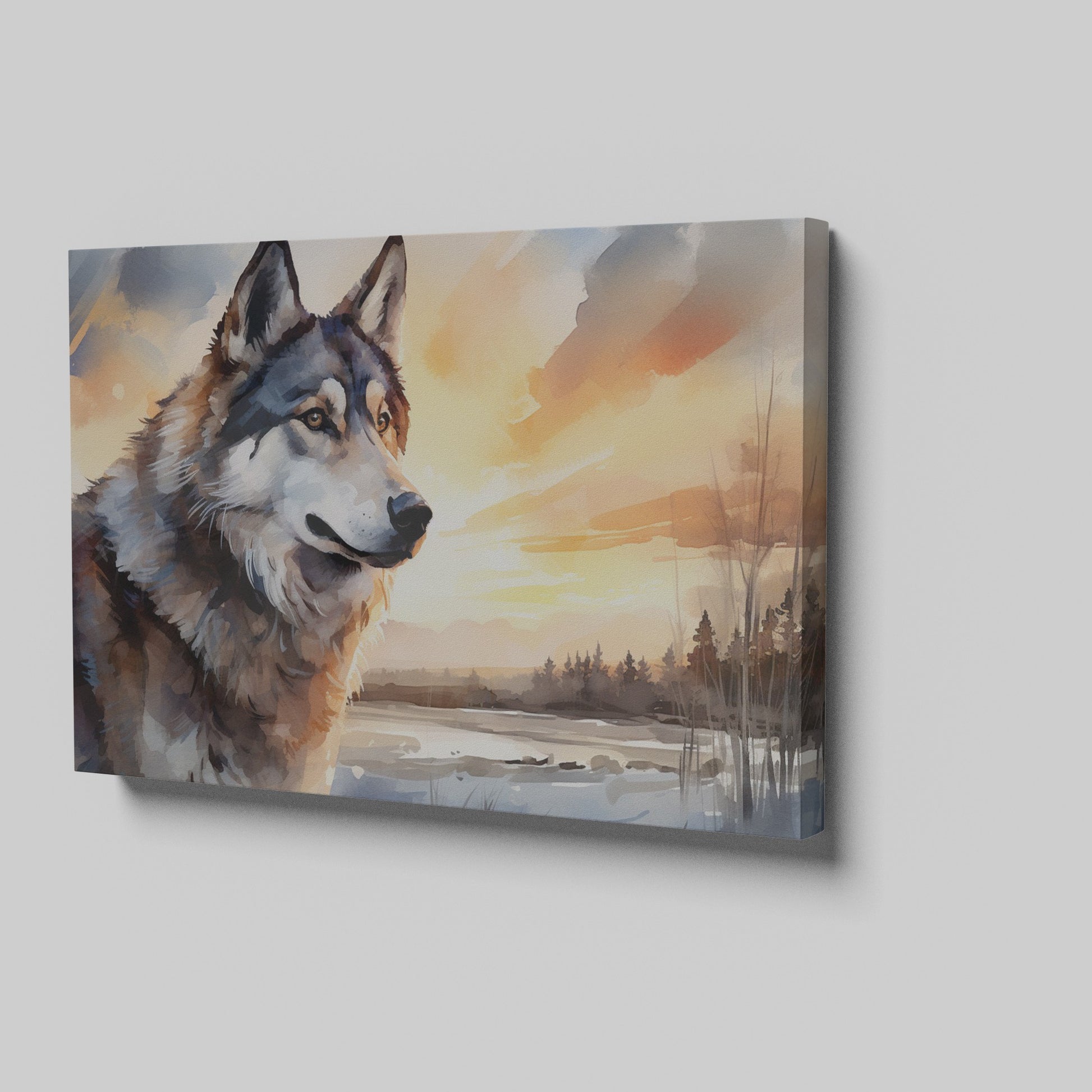 Framed canvas print of a majestic wolf in a sunset landscape with vibrant colours