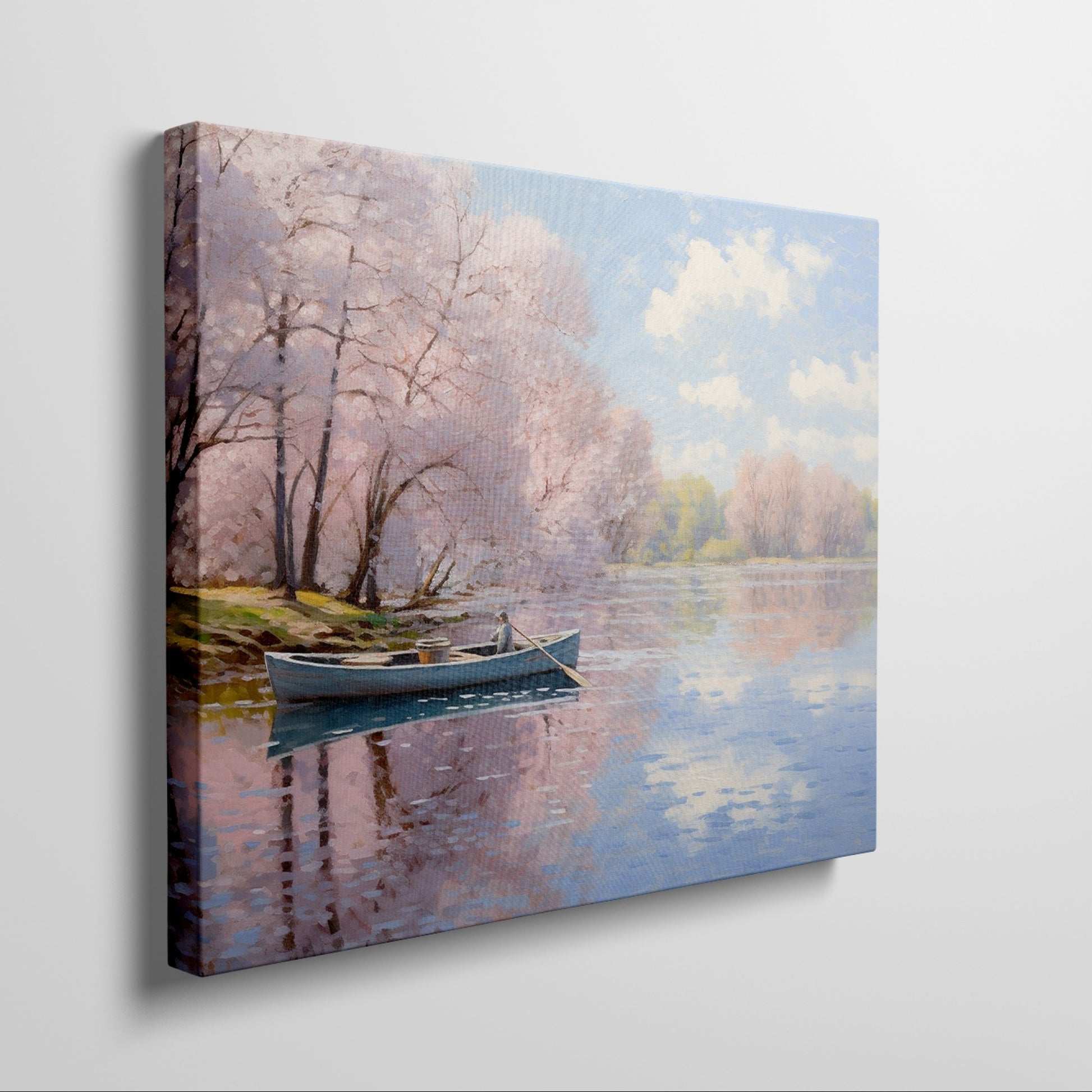 Framed canvas print of a serene river scene with cherry blossoms and a small boat