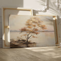 Framed canvas print of a tranquil lake landscape with an autumn tree at dusk