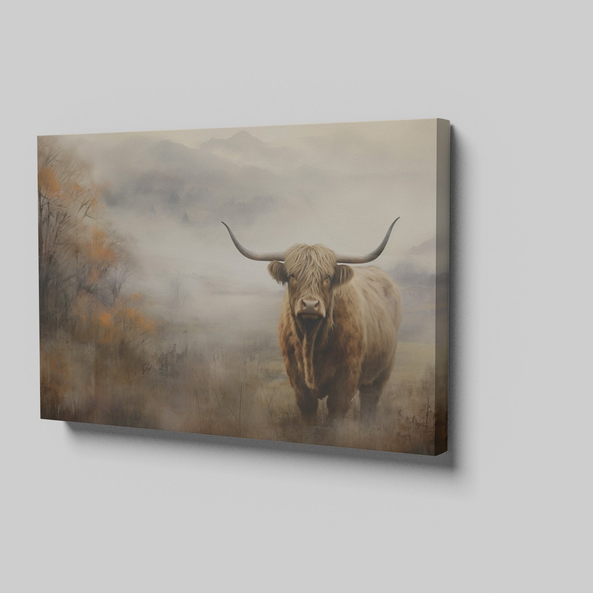 Framed canvas print of a Highland cow in a misty autumnal landscape with warm earthy tones